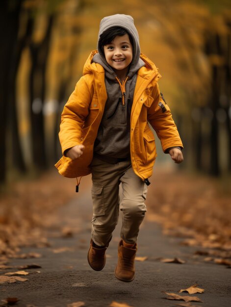 Niño asiático en pose dinámica emocional sobre fondo de otoño