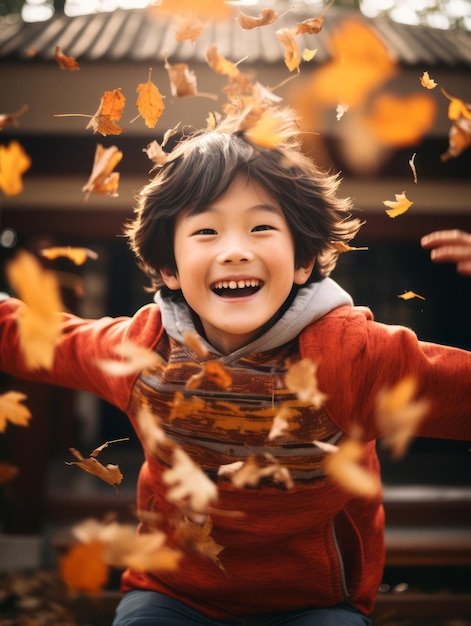 Niño asiático en pose dinámica emocional sobre fondo de otoño