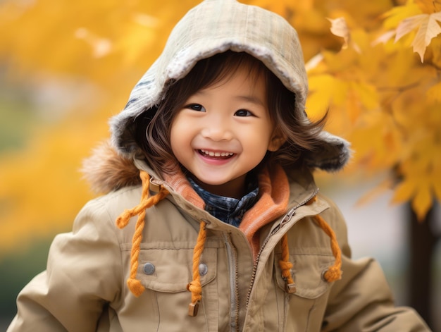 Niño asiático en pose dinámica emocional sobre fondo de otoño