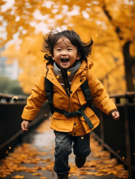 Niño asiático en pose dinámica emocional sobre fondo de otoño