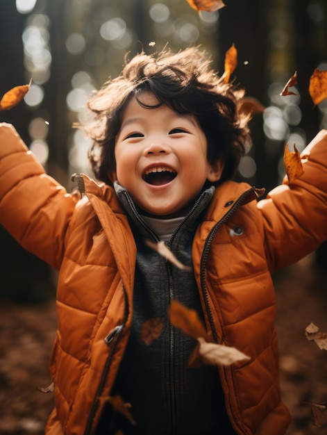 Niño asiático en pose dinámica emocional sobre fondo de otoño