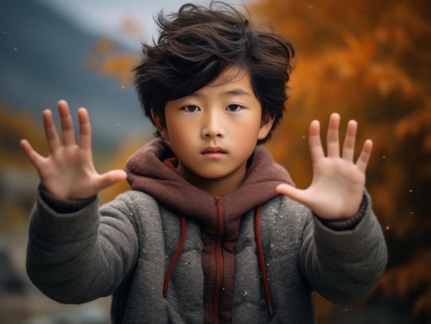 Niño asiático en una pose emocional dinámica en el fondo de otoño