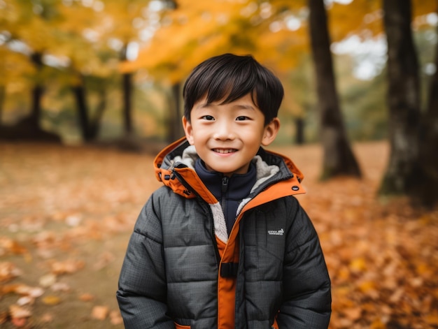 Niño asiático en una pose emocional dinámica en el fondo de otoño