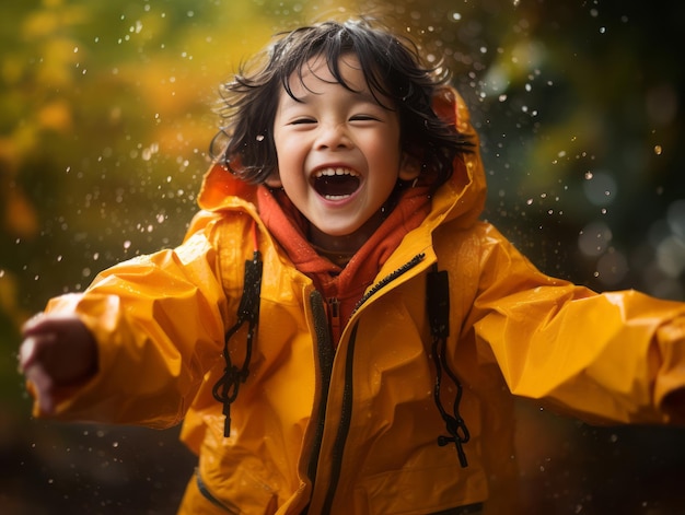 Niño asiático en una pose emocional dinámica en el fondo de otoño