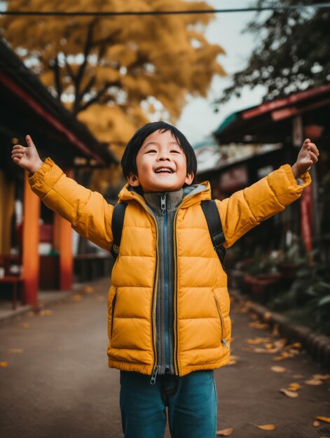 Niño asiático en una pose emocional dinámica en el fondo de otoño