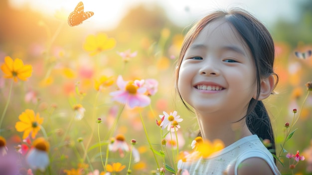 Niño asiático soleado en el campo floral de verano con mariposas disfrutando de la naturaleza en vacaciones de vacaciones