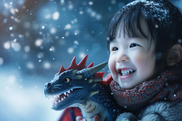 Foto niño asiático sonriente con un lindo dragón de hadas en el fondo de la nieve de invierno