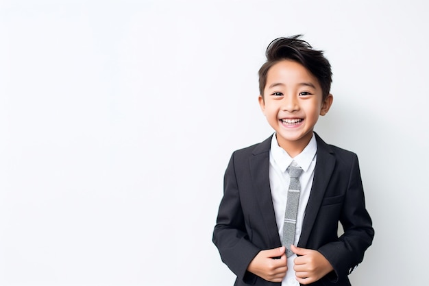 Un niño asiático con traje y corbata.