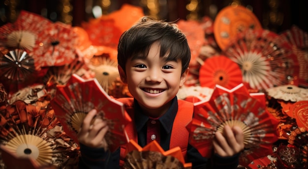 niño asiático con ventiladores de papel rojo