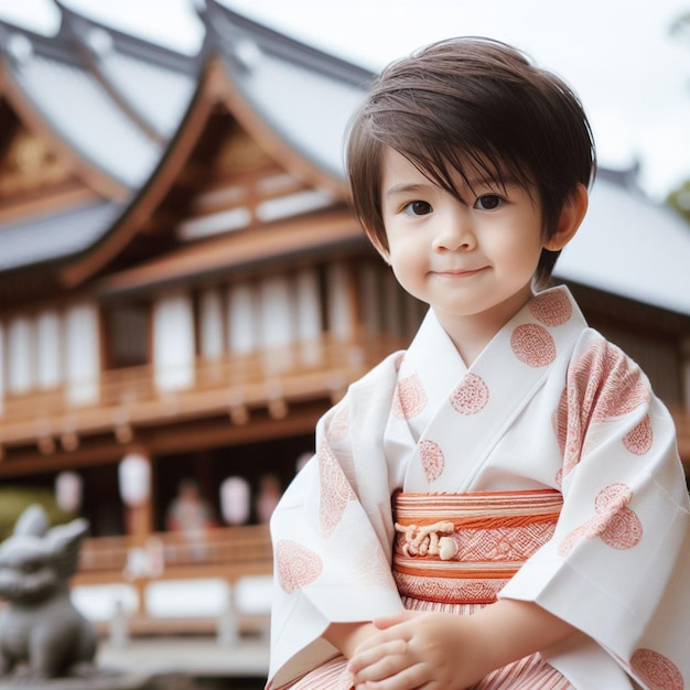 Foto un niño asiático vestido con kimono.