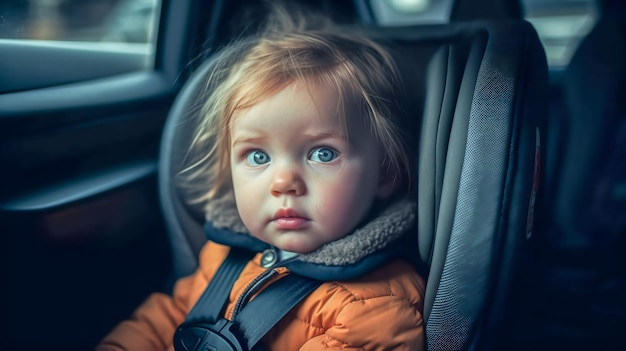 Un niño en un asiento de coche con ojos azules.