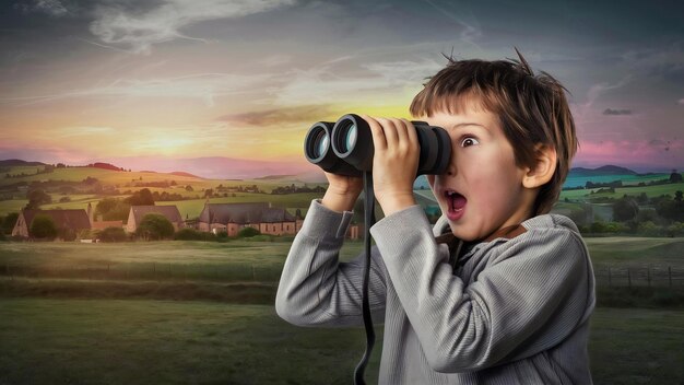 Foto niño asombrado usando sus binoculares