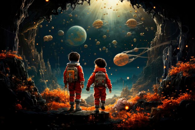 Un niño astronauta ansioso se embarca en una aventura cósmica a través de las vibrantes galaxias en este imaginativo