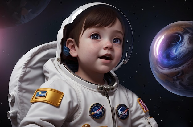 Niño astronauta en traje espacial Retrato de bebé en traje cósmico en el espacio Cosmonauta preescolar IA generativa