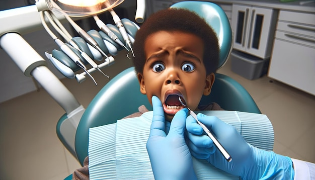 Un niño asustado en una silla dental odontología infantil