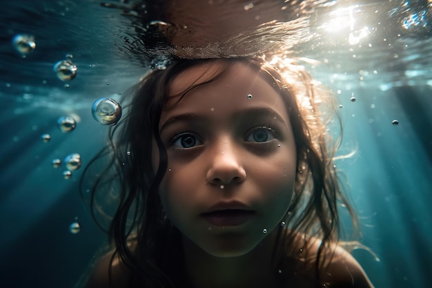 Niño atractivo nada bajo el agua en el mar generativo ai