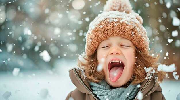 Foto un niño atrapa nieve con su lengua en la calle enfoque selectivo