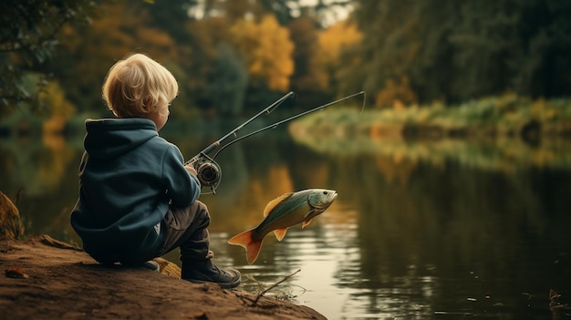 un niño atrapa pescado en un lago en un soleado día de veranoAIGenerative AI