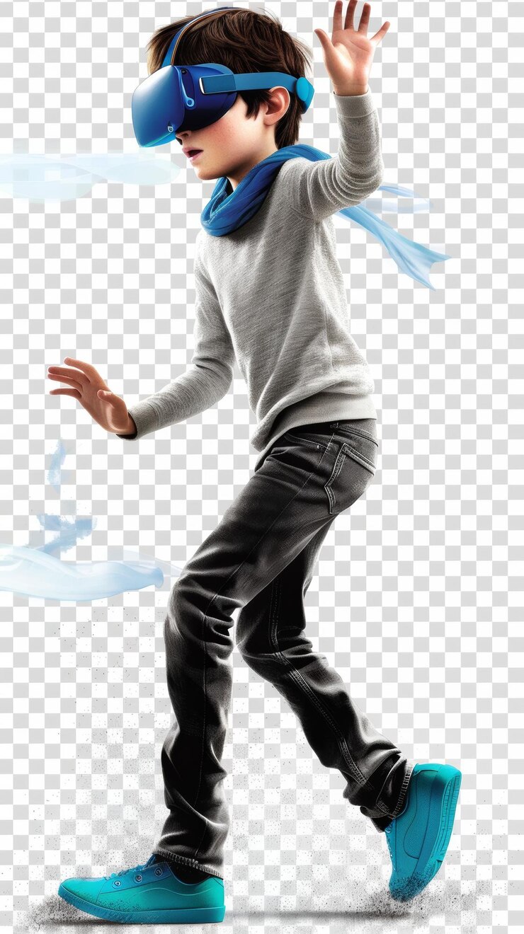 Un niño con un auricular de realidad virtual azul