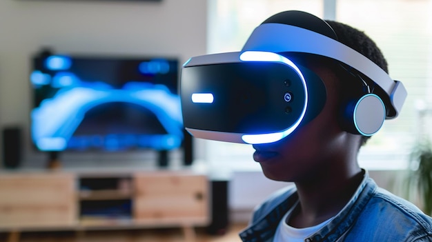 un niño con un auricular de realidad virtual con una luz azul en él