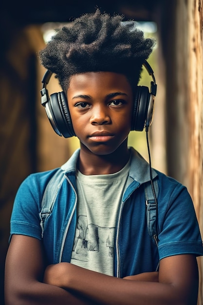 Un niño con auriculares y una imagen de ai generativa de chaqueta