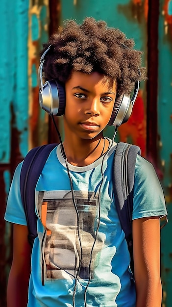 Un niño con auriculares y una imagen de ai generativa de mochila