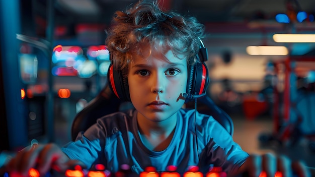 Niño con auriculares jugando intensamente a un juego de carreras en una computadora de escritorio Tecnología de juegos conceptuales Niño joven con computadora Juego intenso