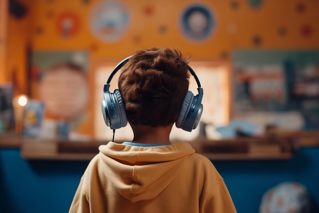 Niño con auriculares mirando la pantalla de la televisión