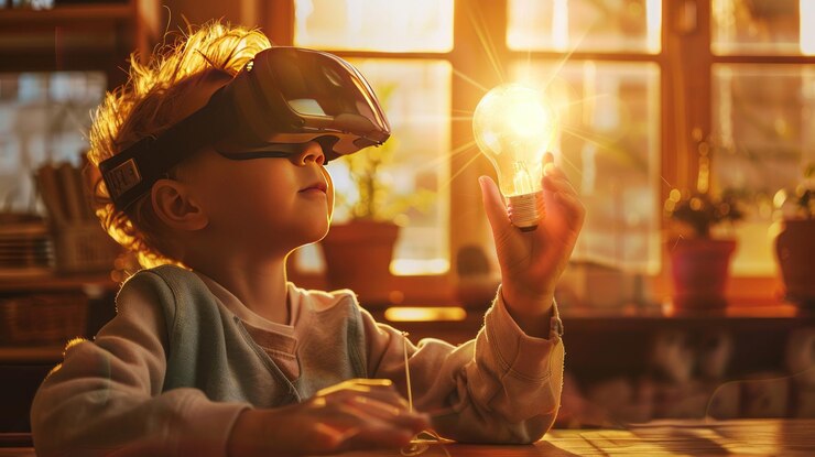 Foto niño con auriculares de realidad virtual y bombilla