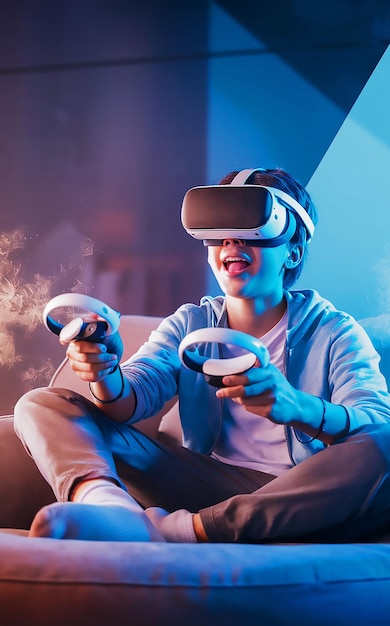 un niño con auriculares de realidad virtual está sentado frente a una pared
