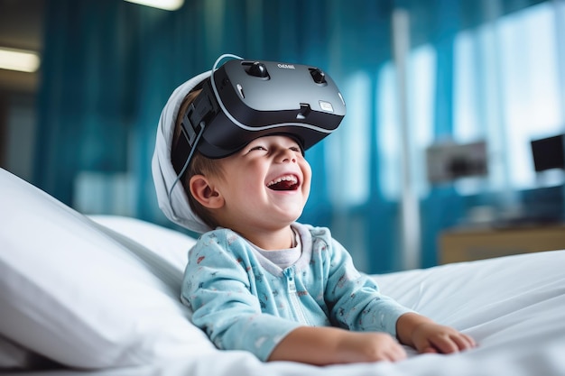 Niño con auriculares de realidad virtual gafas de realidad virtual tecnología de innovación IA generativa