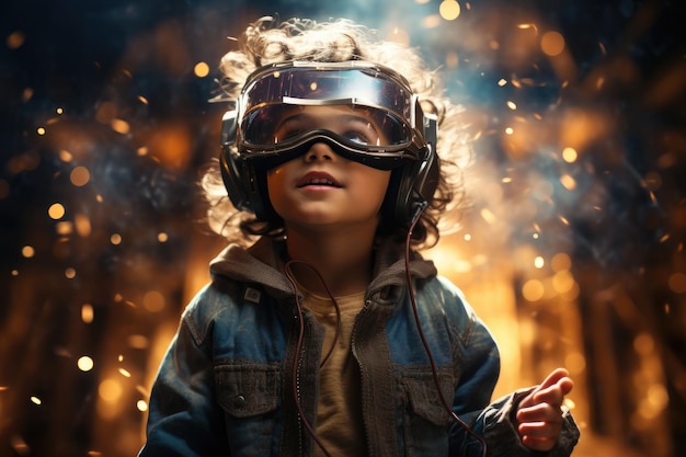 Niño con auriculares de realidad virtual gafas de realidad virtual tecnología de innovación IA generativa
