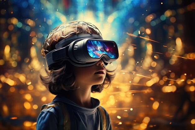 Niño con auriculares de realidad virtual gafas de realidad virtual tecnología de innovación IA generativa