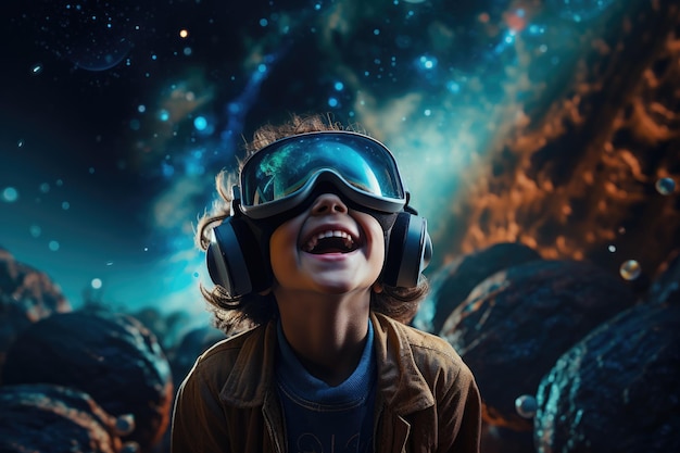 Niño con auriculares de realidad virtual gafas de realidad virtual tecnología de innovación IA generativa