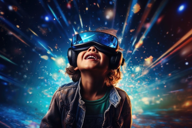 Foto niño con auriculares de realidad virtual gafas de realidad virtual tecnología de innovación ia generativa