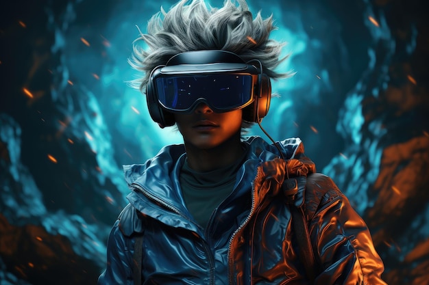 Niño con auriculares de realidad virtual gafas de realidad virtual tecnología de innovación IA generativa