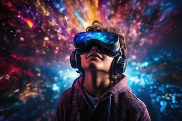 Niño con auriculares de realidad virtual gafas de realidad virtual tecnología de innovación IA generativa
