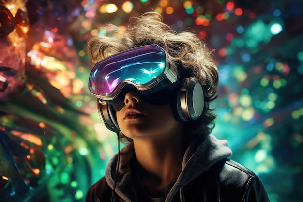 Niño con auriculares de realidad virtual gafas de realidad virtual tecnología de innovación IA generativa