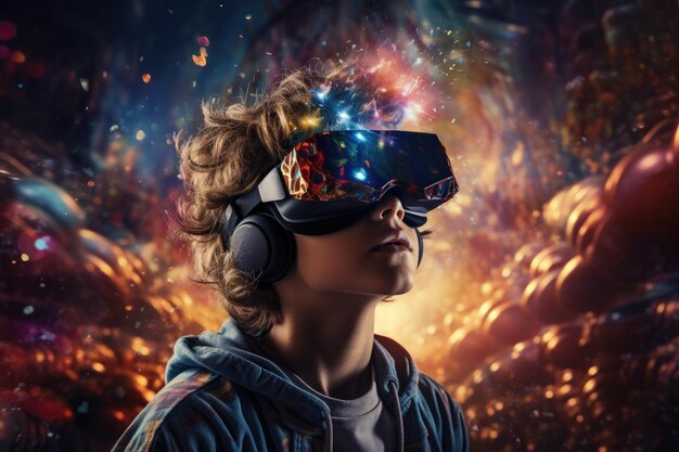 Niño con auriculares de realidad virtual gafas de realidad virtual tecnología de innovación IA generativa