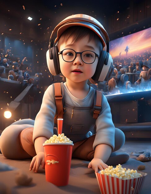 Foto un niño con auriculares y una taza de palomitas de maíz y una bebida