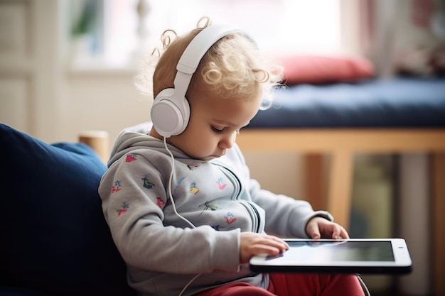 Niño con auriculares viendo la pantalla de una tableta