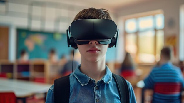 Niño con auriculares virtuales en el aula