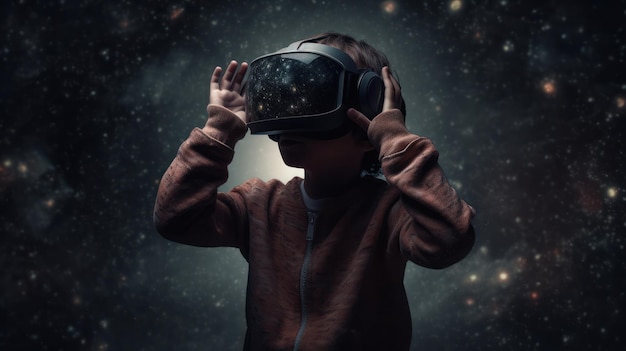 Un niño con auriculares vr en el espacio