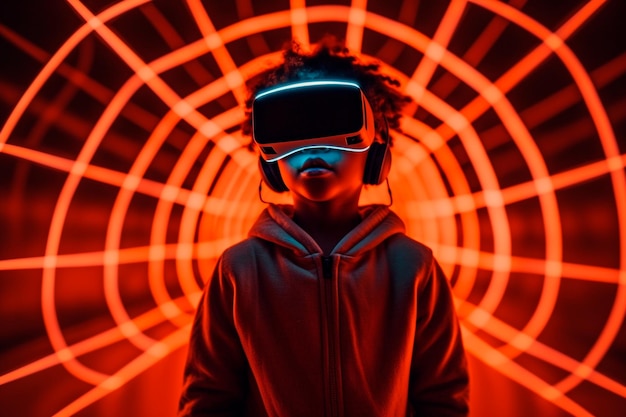 Un niño con auriculares vr frente a un túnel rojo.