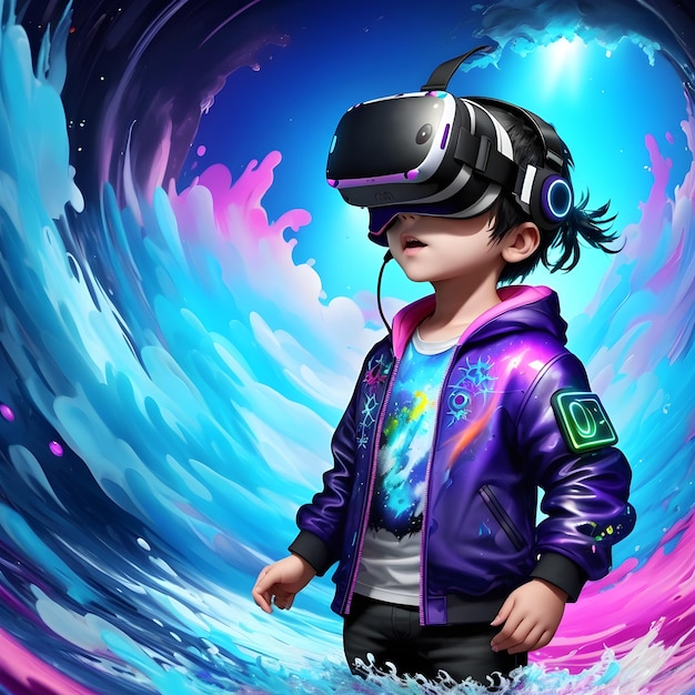 Un niño con auriculares vr niños y el metauniverso realidad virtual generado por ai