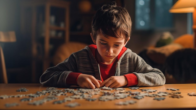 Niño con autismo con inteligencia emocional participando en rompecabezas para el desarrollo