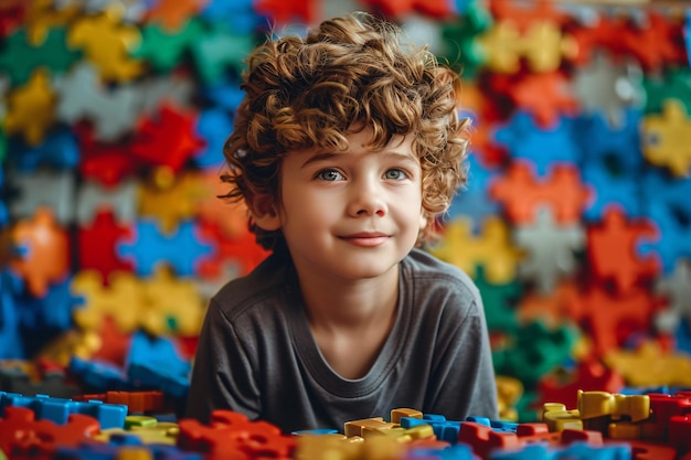 Niño con autismo con piezas de rompecabezas Salud mental infantil Concepto de trastorno del espectro autista TEA