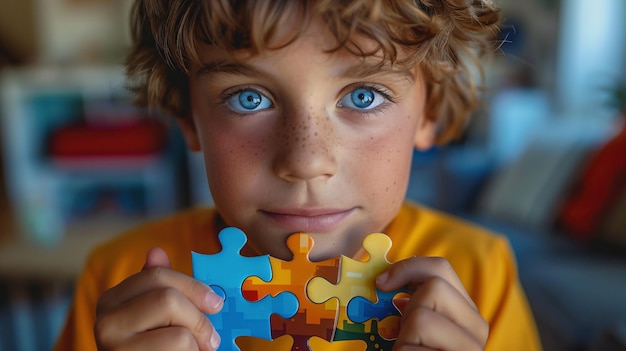 Niño con autismo con piezas de rompecabezas Salud mental infantil Concepto de trastorno del espectro autista TEA