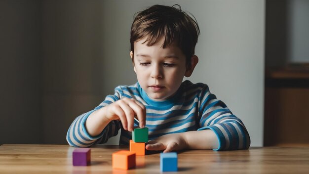 Foto un niño autista jugando con cubos en casa.