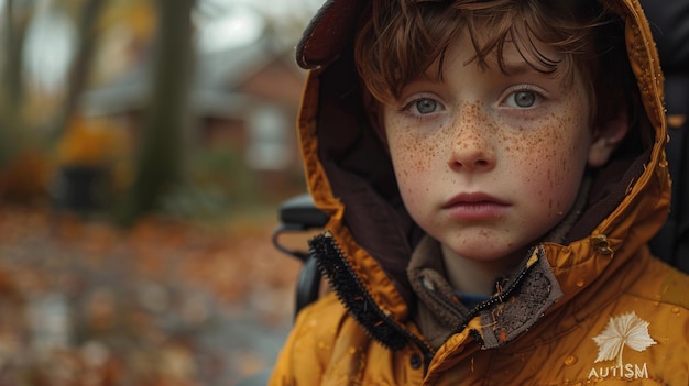Niño autista en otoño Retrato emocional con telón de fondo otoñal